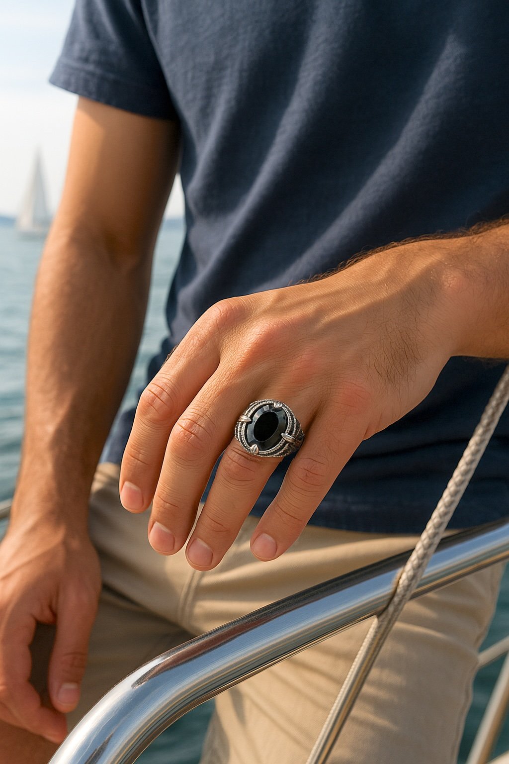 Anello chevalier regolabile argento onice nera giglio